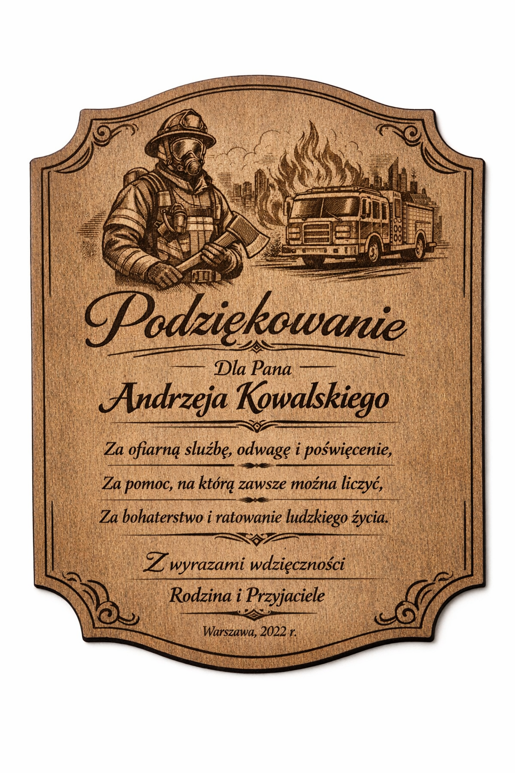 Inspiracja AI - tabliczka z podziękowaniami dla strażaka w Grajewie